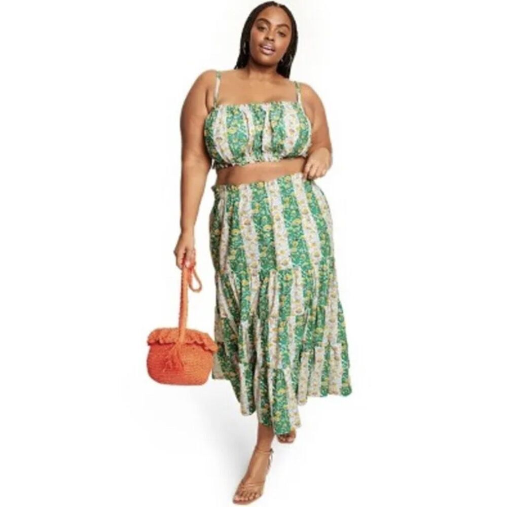 RHODE x Target Whimsical Floral & Stripe Boho Print Midi Skirt Crop Top Set XXL